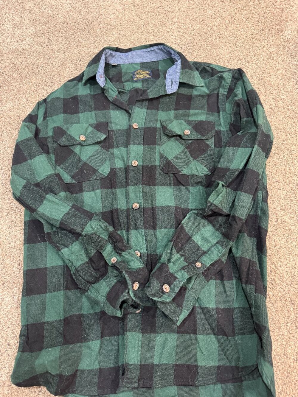 Jachs Men's Medium Green & Black Plaid Flannel Shirt 100% Cotton Button Down